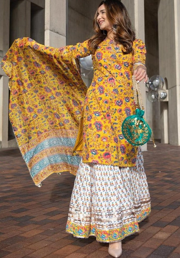 Yellow crepe silk digital floral printed work party wear plazzo suit