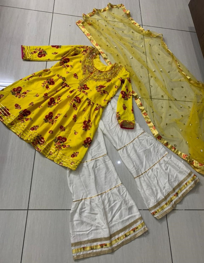Yellow crepe silk digital printed thread and paper work sharara suit