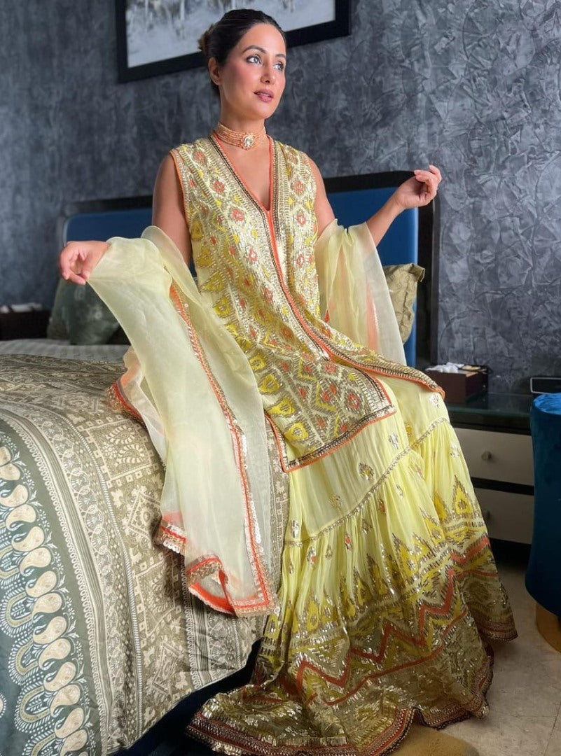 Yellow designer heavy embroidered sharara suit