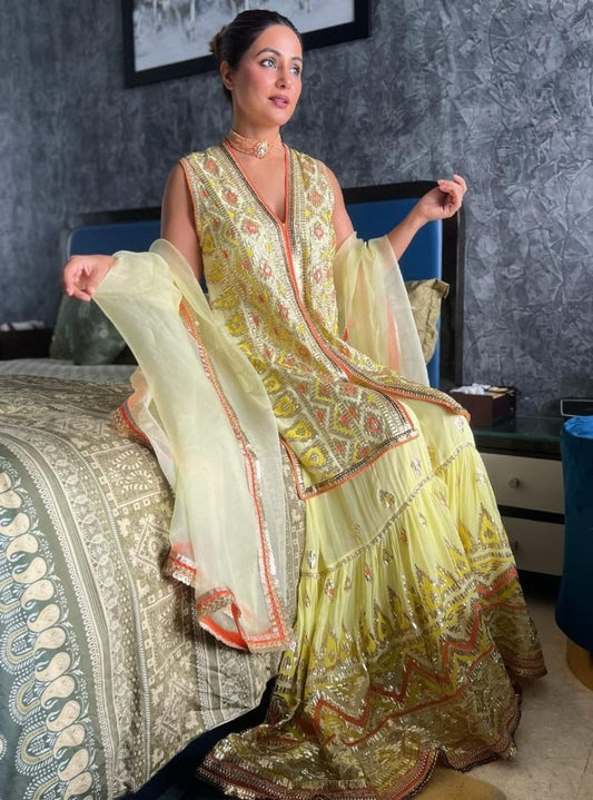 Yellow designer heavy embroidered sharara suit