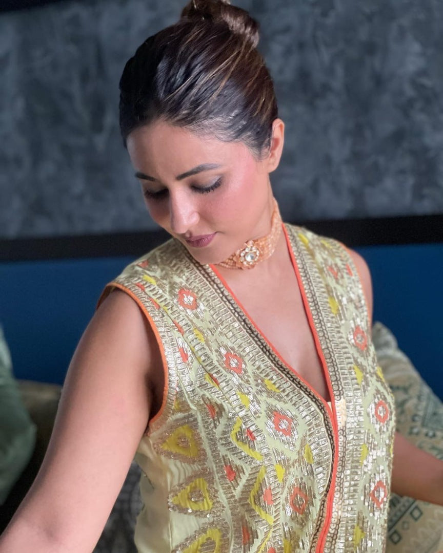 Yellow designer heavy embroidered sharara suit