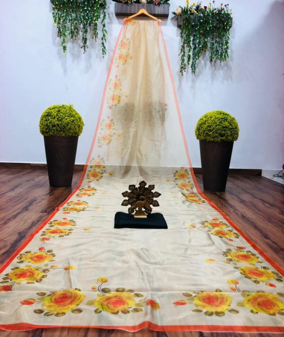 Yellow digital flower print saree