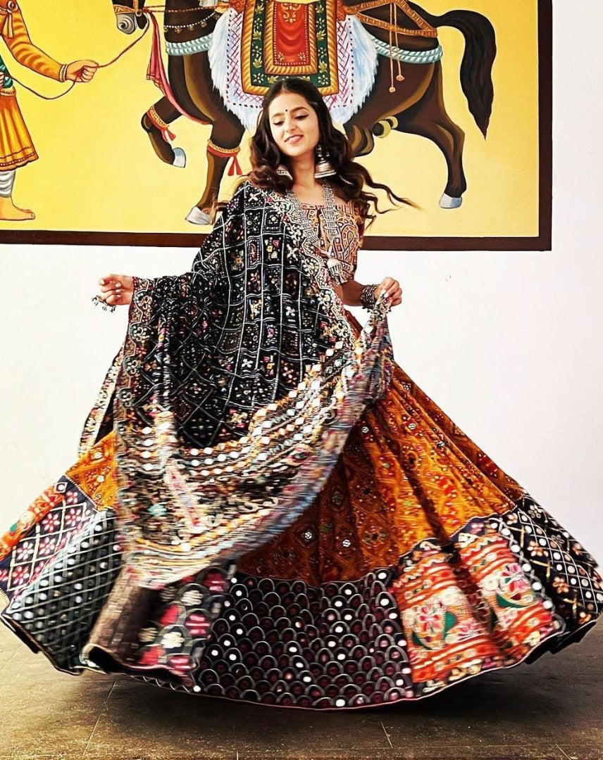 Yellow digital print and mirror work navratri festival lehenga choli