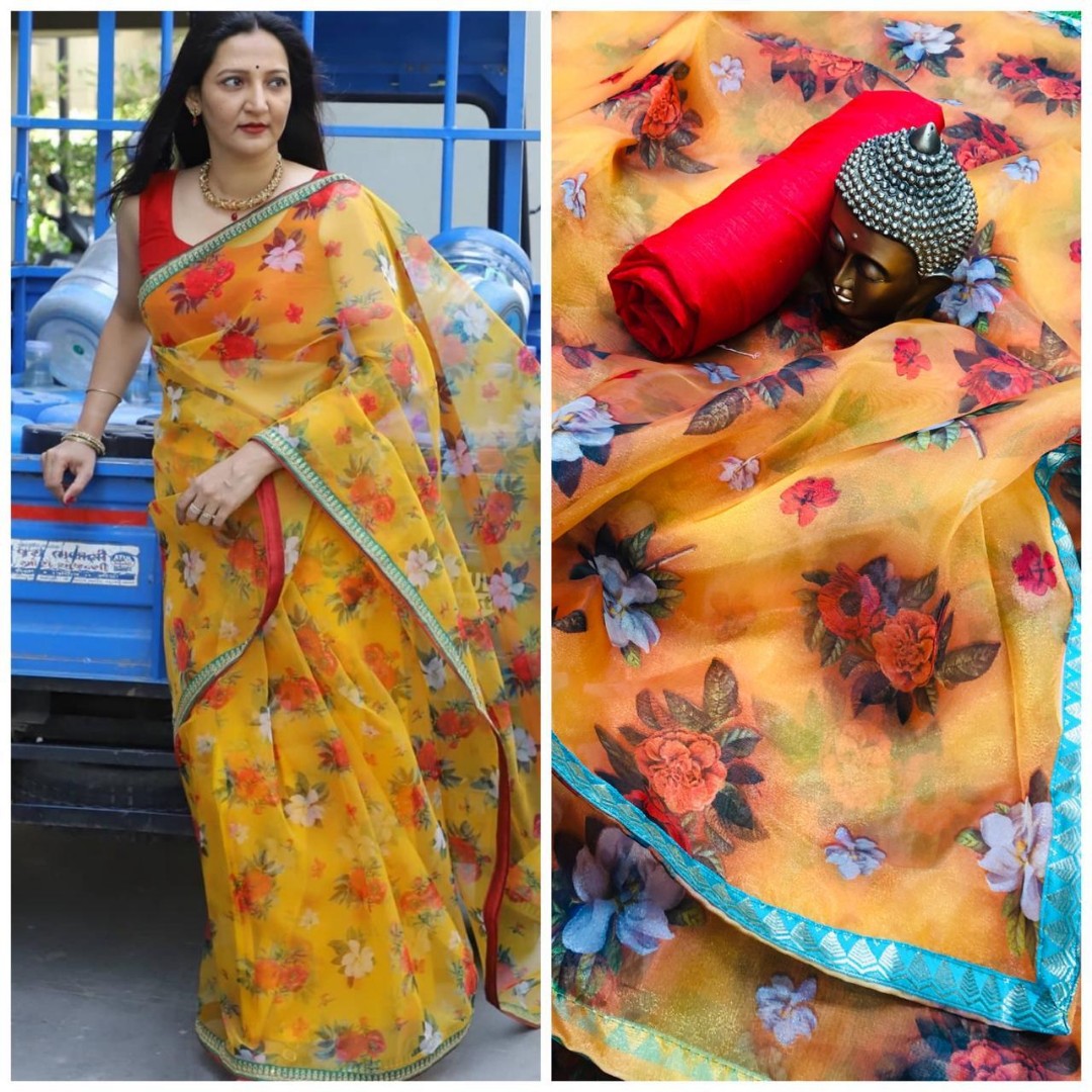 yellow digital printed flower orgenza saree