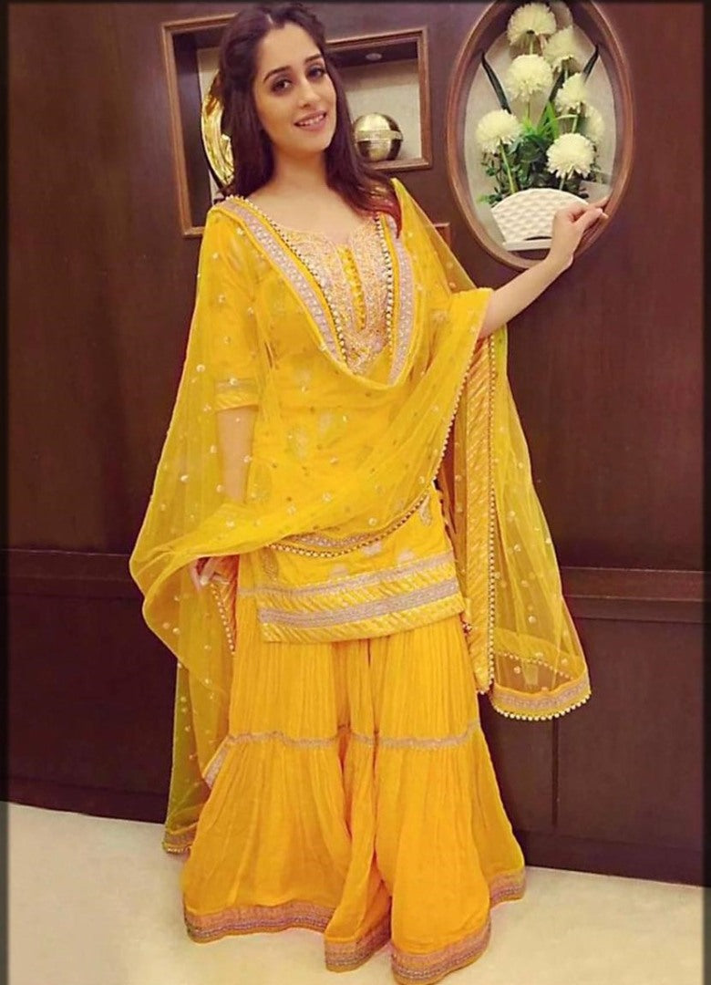 Yellow embroidered sharara salwar suit