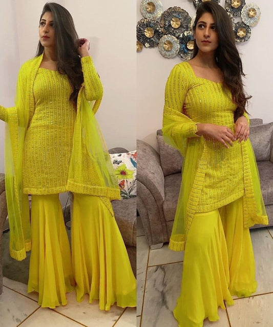 Yellow faux georgette sequence work plazzo salwar suit