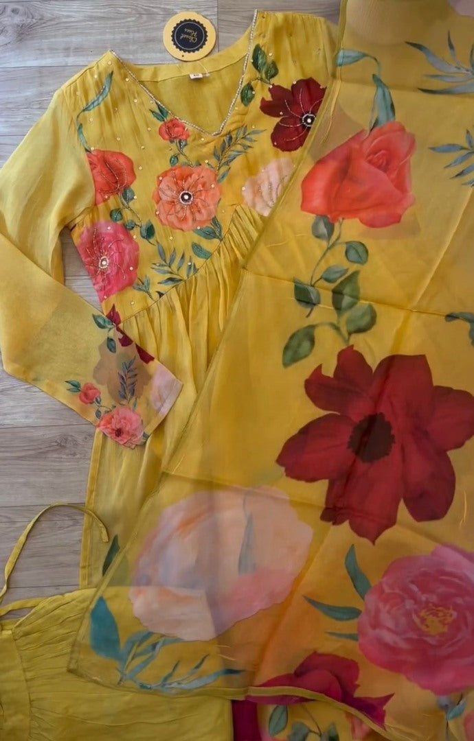 Yellow floral print alia cut suit