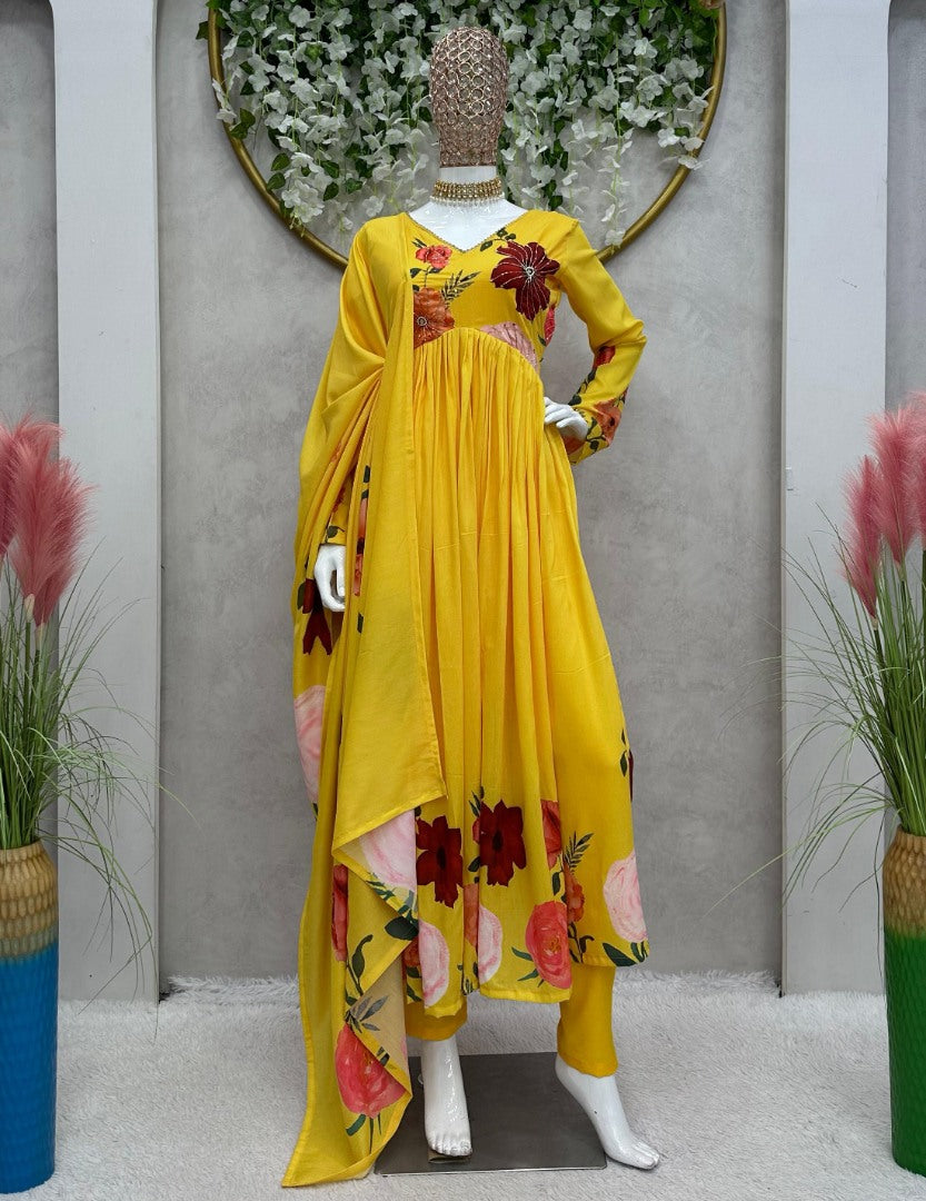 Yellow floral print alia cut suit