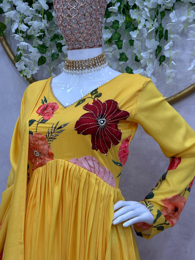 Yellow floral print alia cut suit