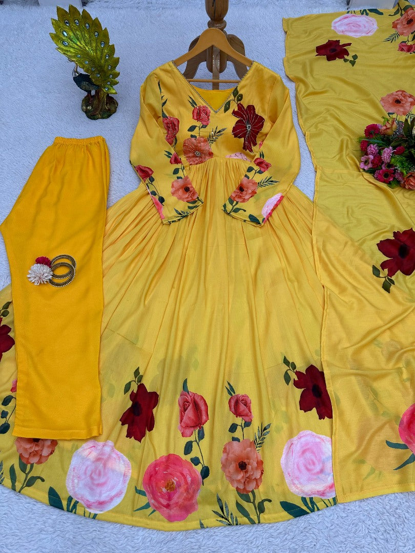 Yellow floral print alia cut suit