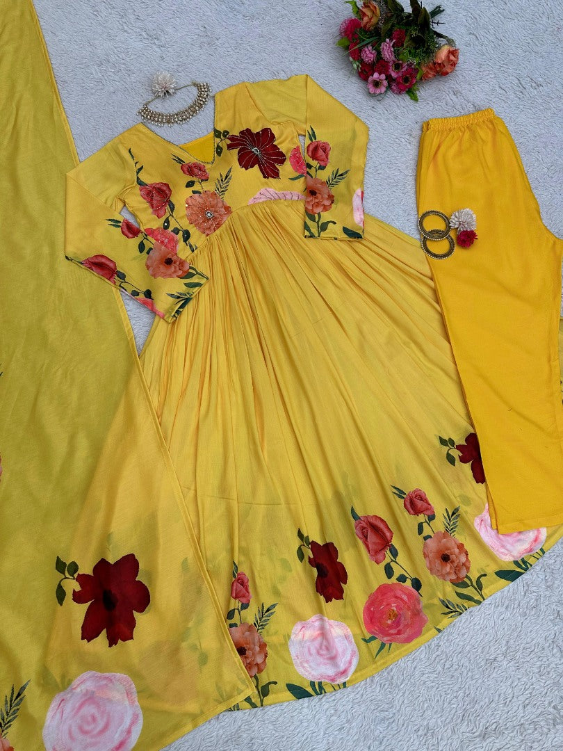 Yellow floral print alia cut suit