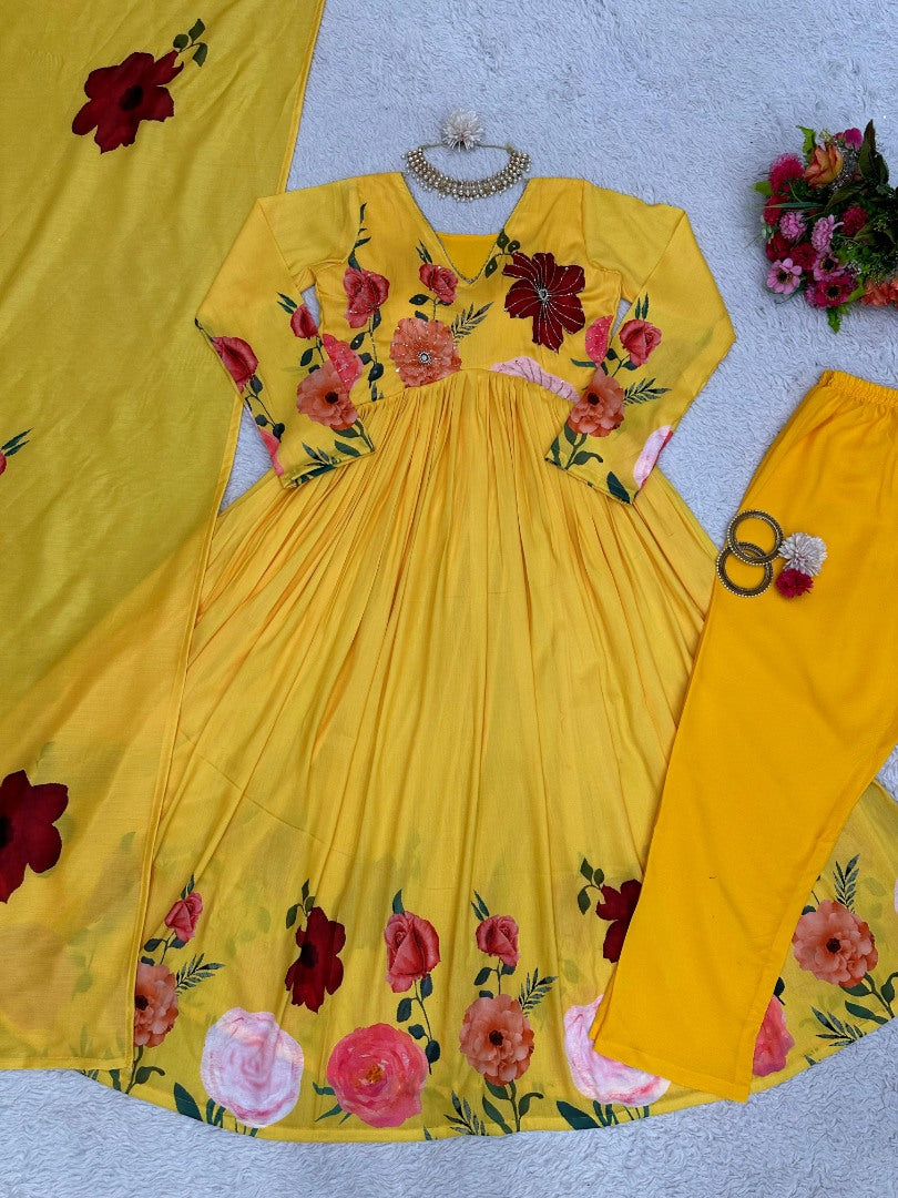 Yellow floral print alia cut suit