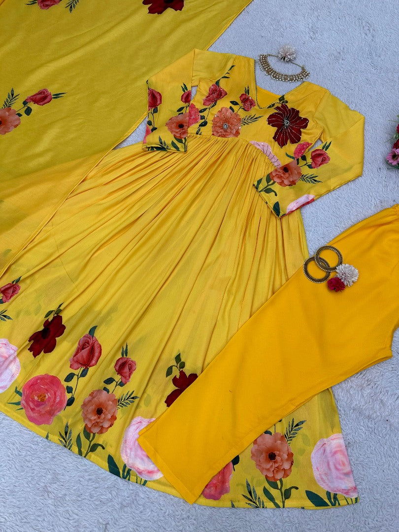 Yellow floral print alia cut suit