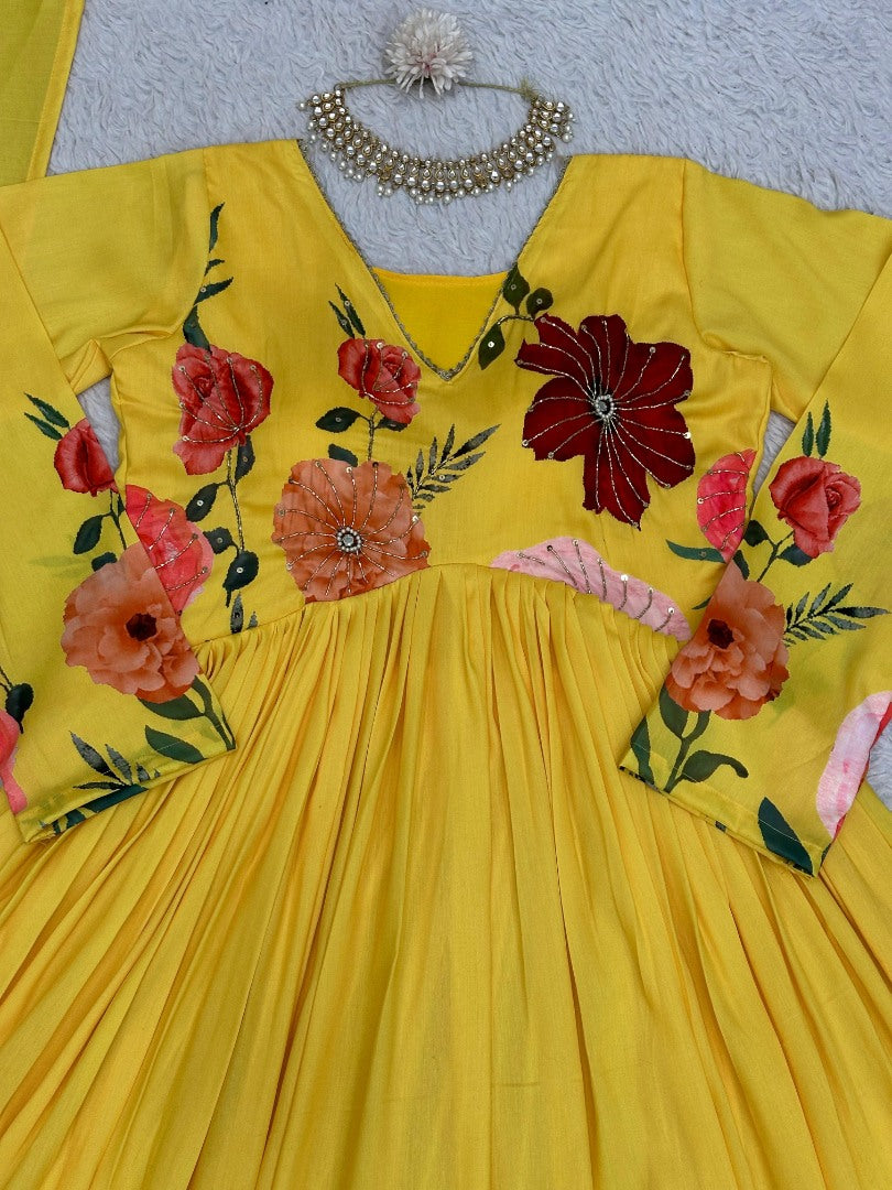 Yellow floral print alia cut suit
