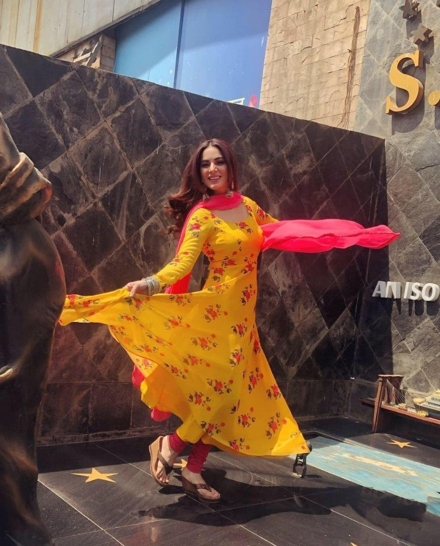 yellow floral printed anarkali suit