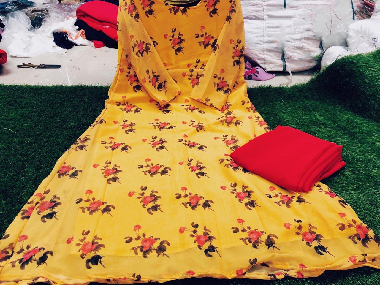 yellow floral printed anarkali suit