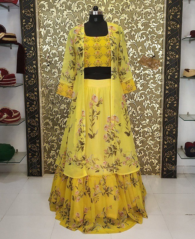 Yellow floral printed georgtte beautiful indowestern crop top lehenga with shrug
