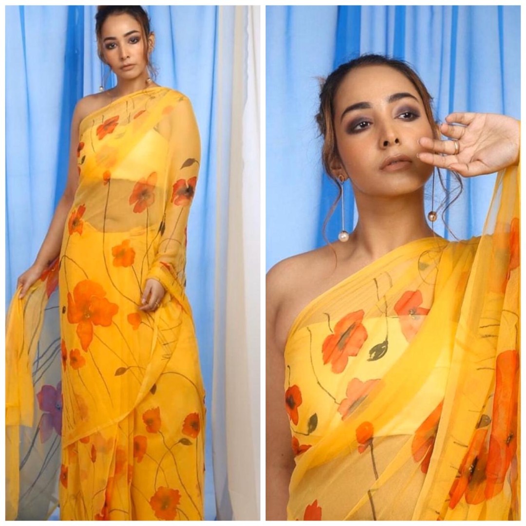 Yellow floral printed organza saree