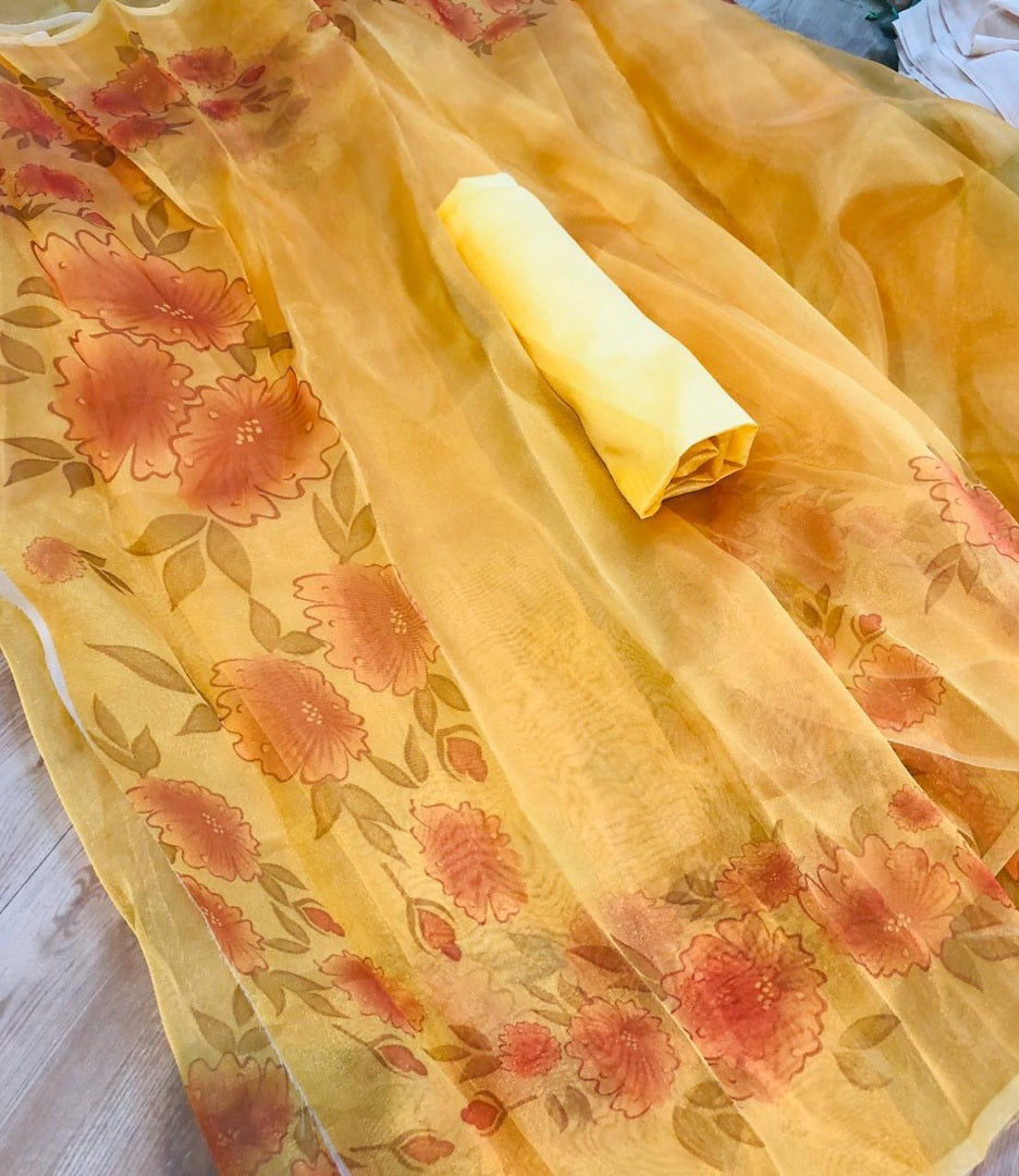 Yellow floral printed organza saree