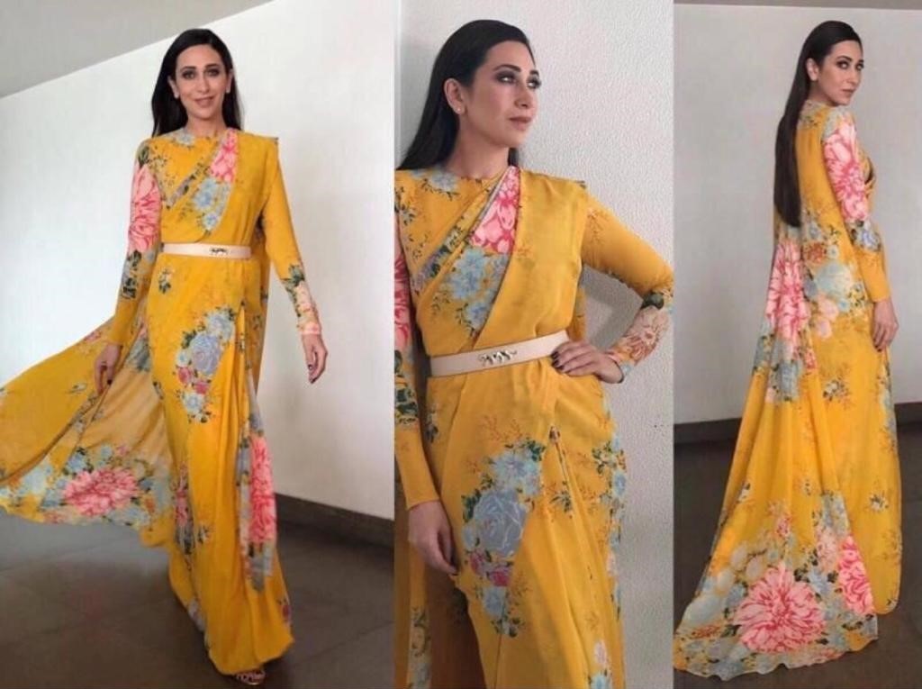 yellow flower printed digital printed georgette saree