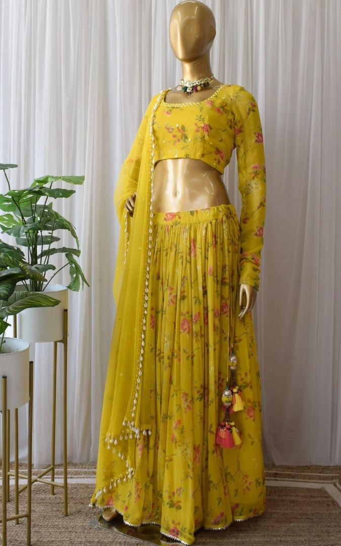 Yellow flower printed georgette lehenga choli for haldi ceremony