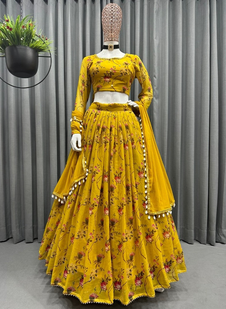 Yellow flower printed georgette lehenga choli for haldi ceremony