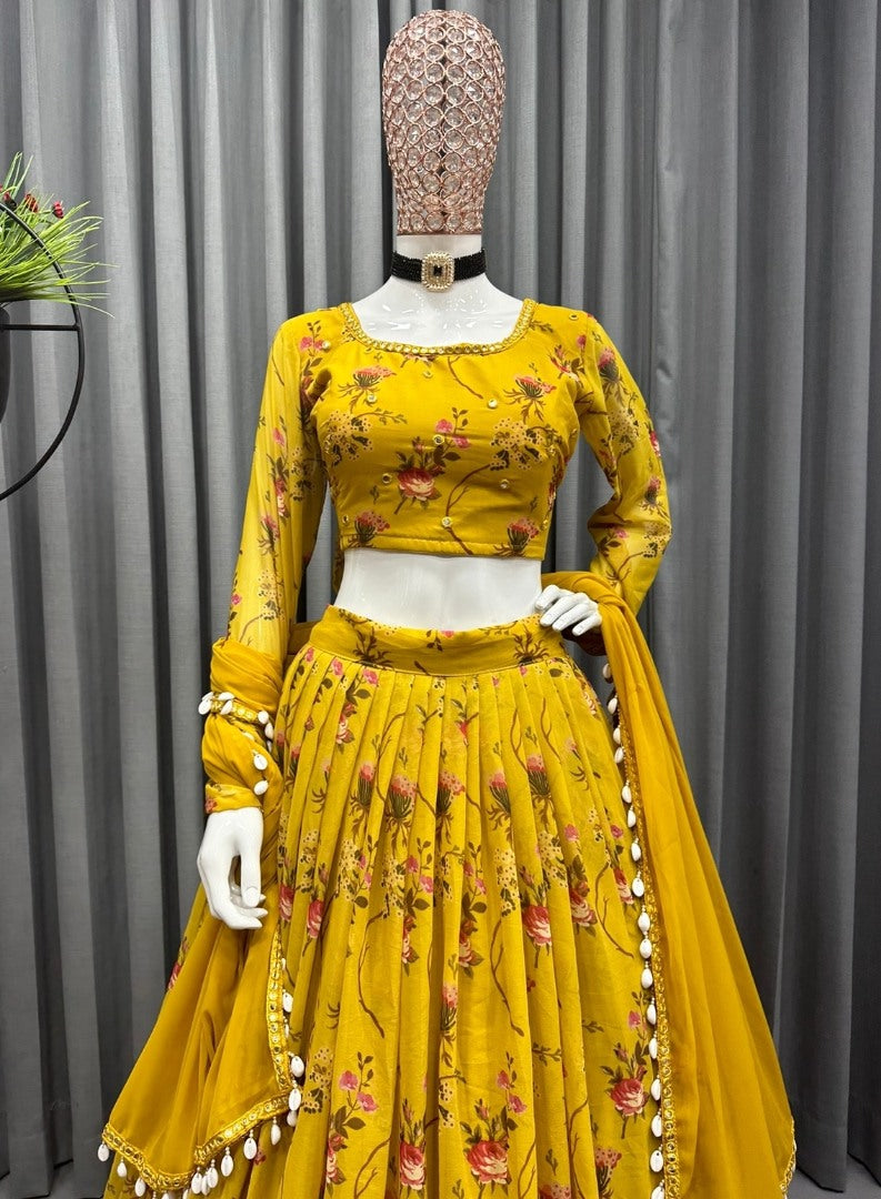 Yellow flower printed georgette lehenga choli for haldi ceremony