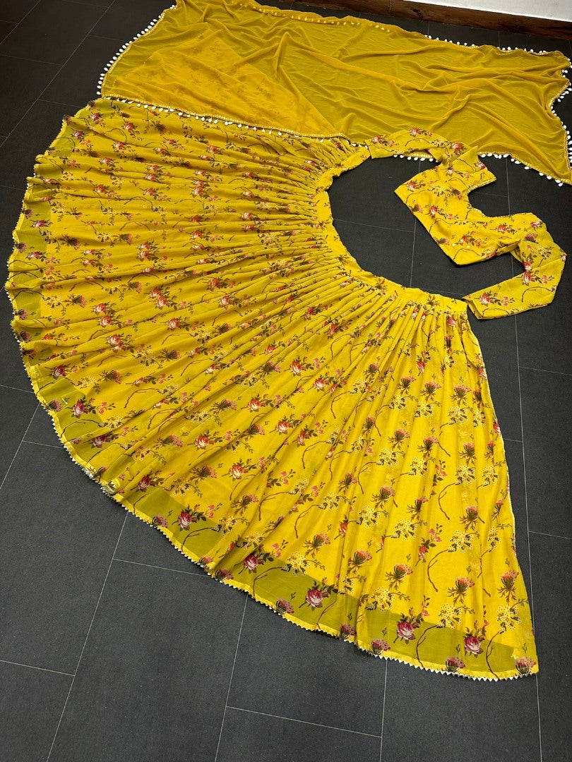 Yellow flower printed georgette lehenga choli for haldi ceremony