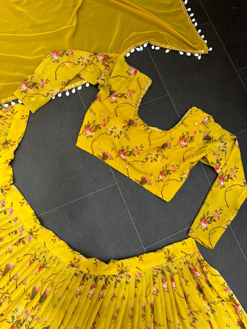 Yellow flower printed georgette lehenga choli for haldi ceremony