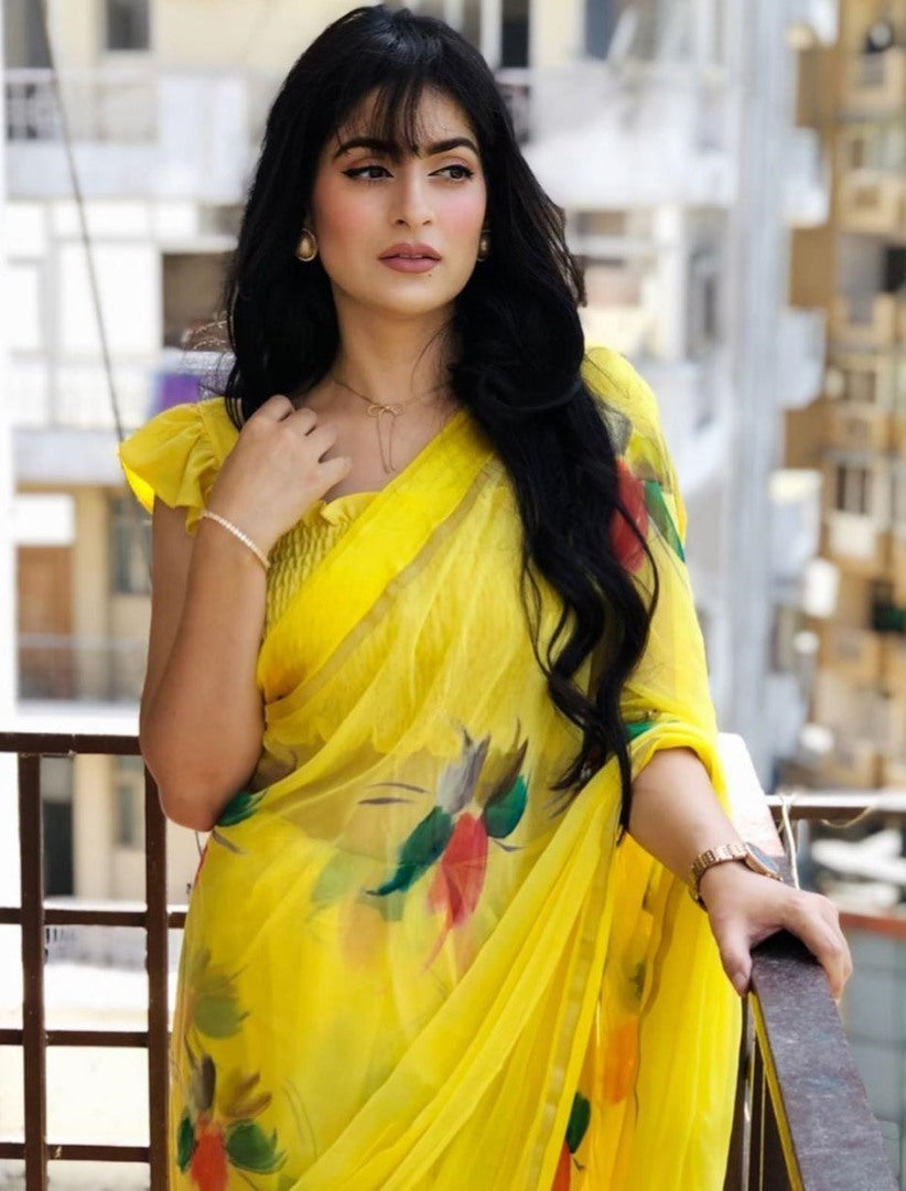 Yellow flower printed organza saree
