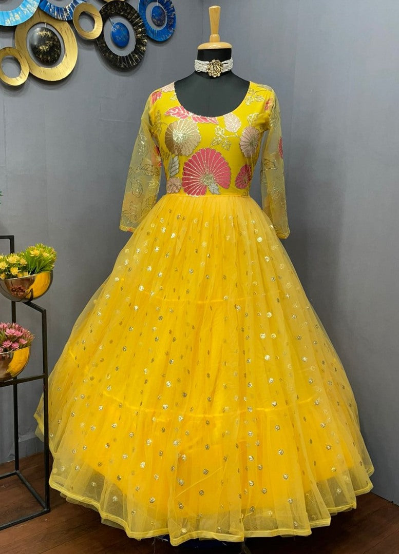 Yellow georgette and soft net embroidered gown