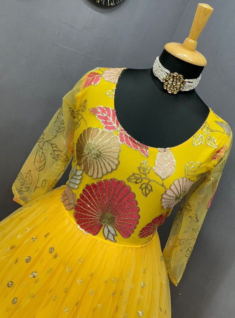 Yellow georgette and soft net embroidered gown