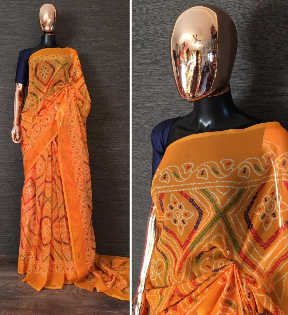 Yellow georgette bandhani print traditional saree