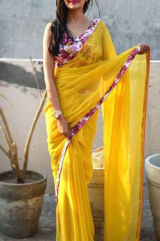 Yellow georgette beautiful digital print border saree