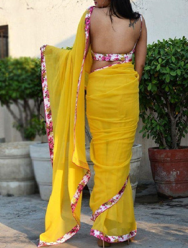 Yellow georgette beautiful digital print border saree