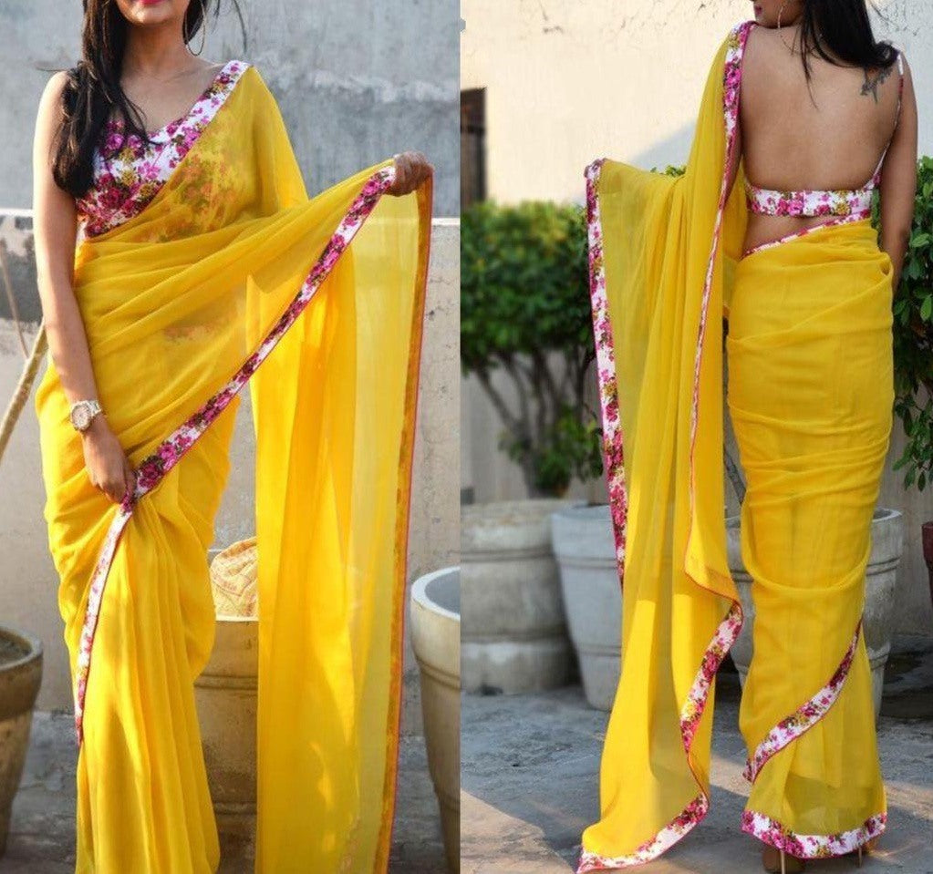 Yellow georgette beautiful digital print border saree