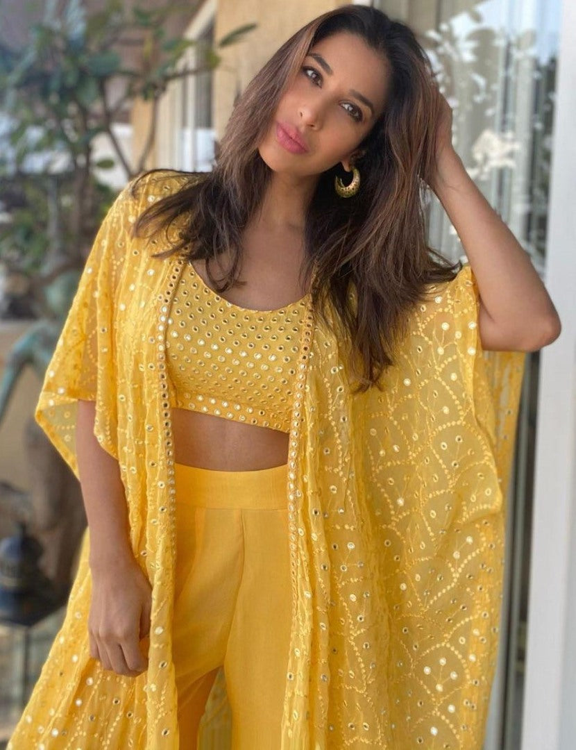 Yellow georgette big sequence work plazzo suit with shrug