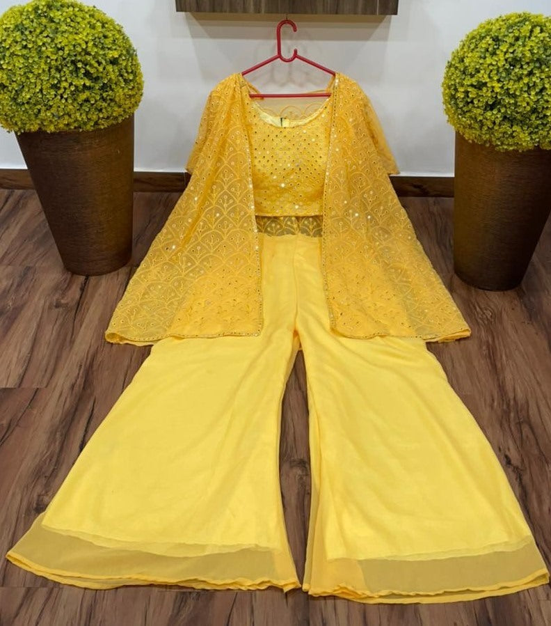 Yellow georgette big sequence work plazzo suit with shrug