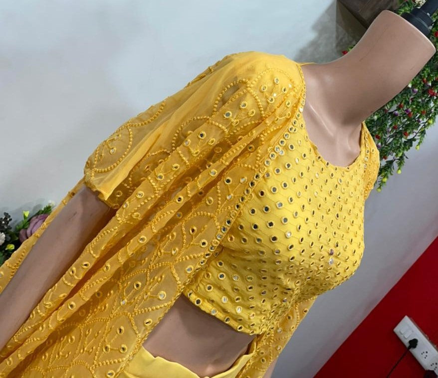 Yellow georgette big sequence work plazzo suit with shrug