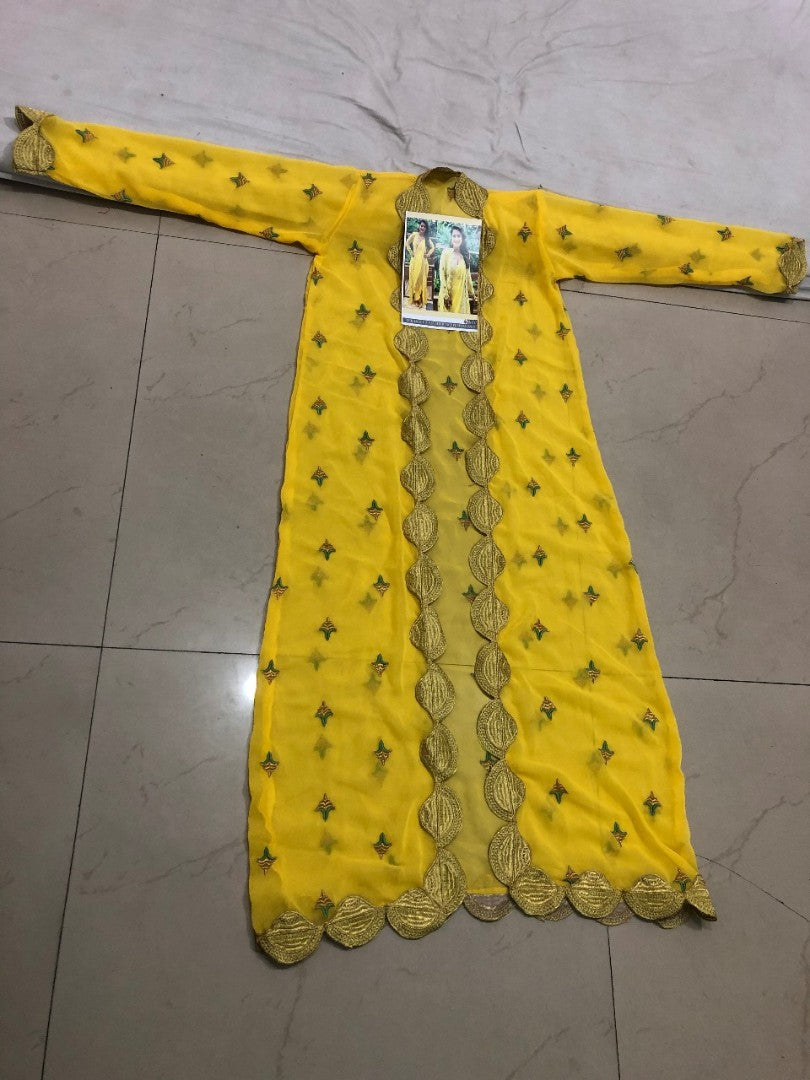 yellow georgette bollywood indowestern saree with shrug