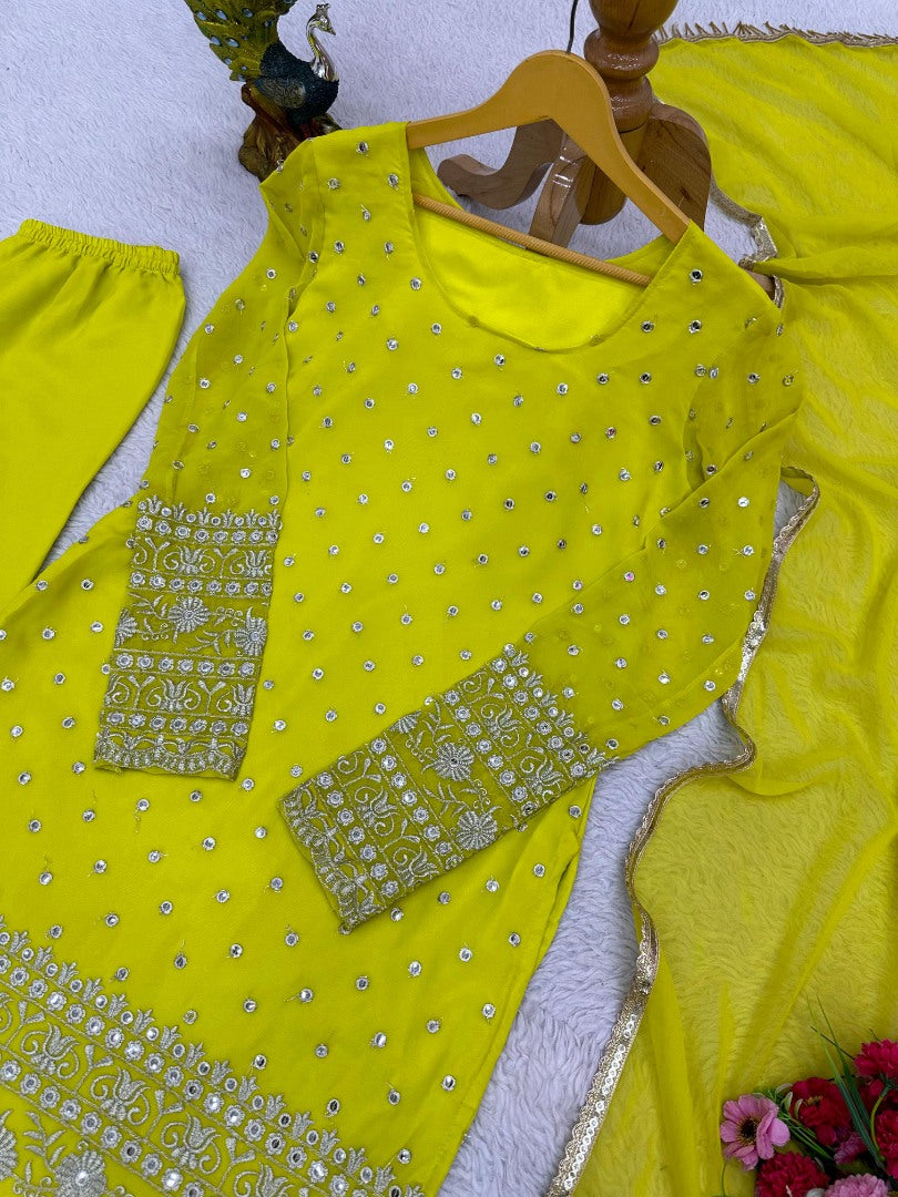 Yellow georgette ceremonial palazzo suit