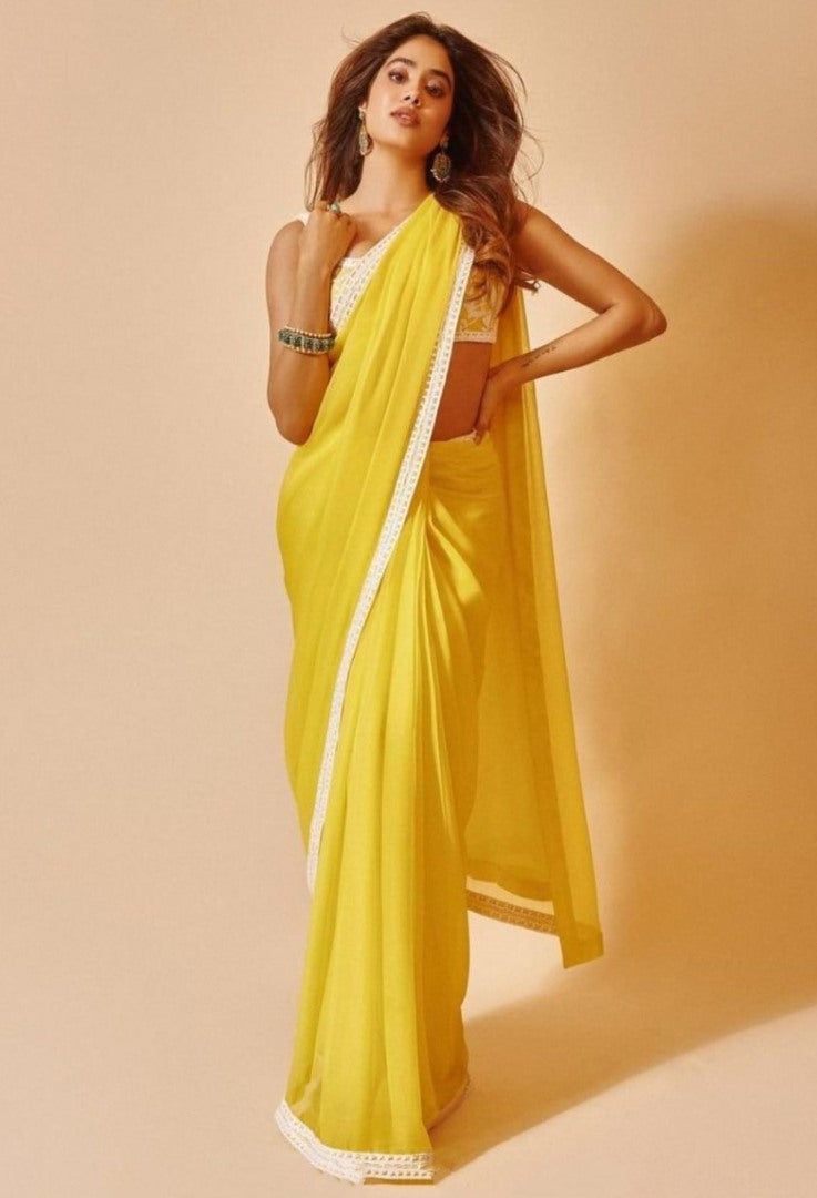 Yellow georgette chain stitch work border saree