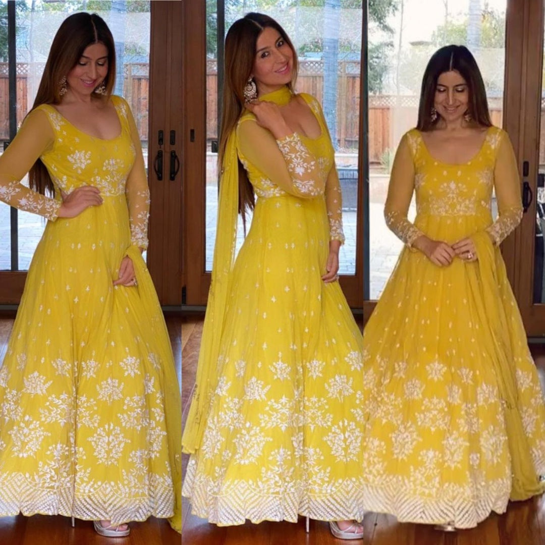 Yellow georgette chine stich anarkali dress