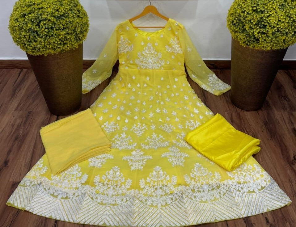 Yellow georgette chine stich anarkali dress