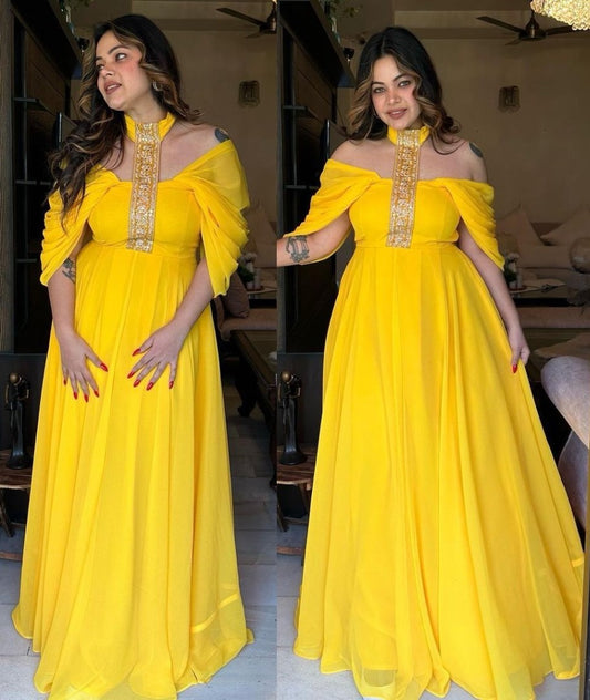 Yellow georgette designer gown for ceremony