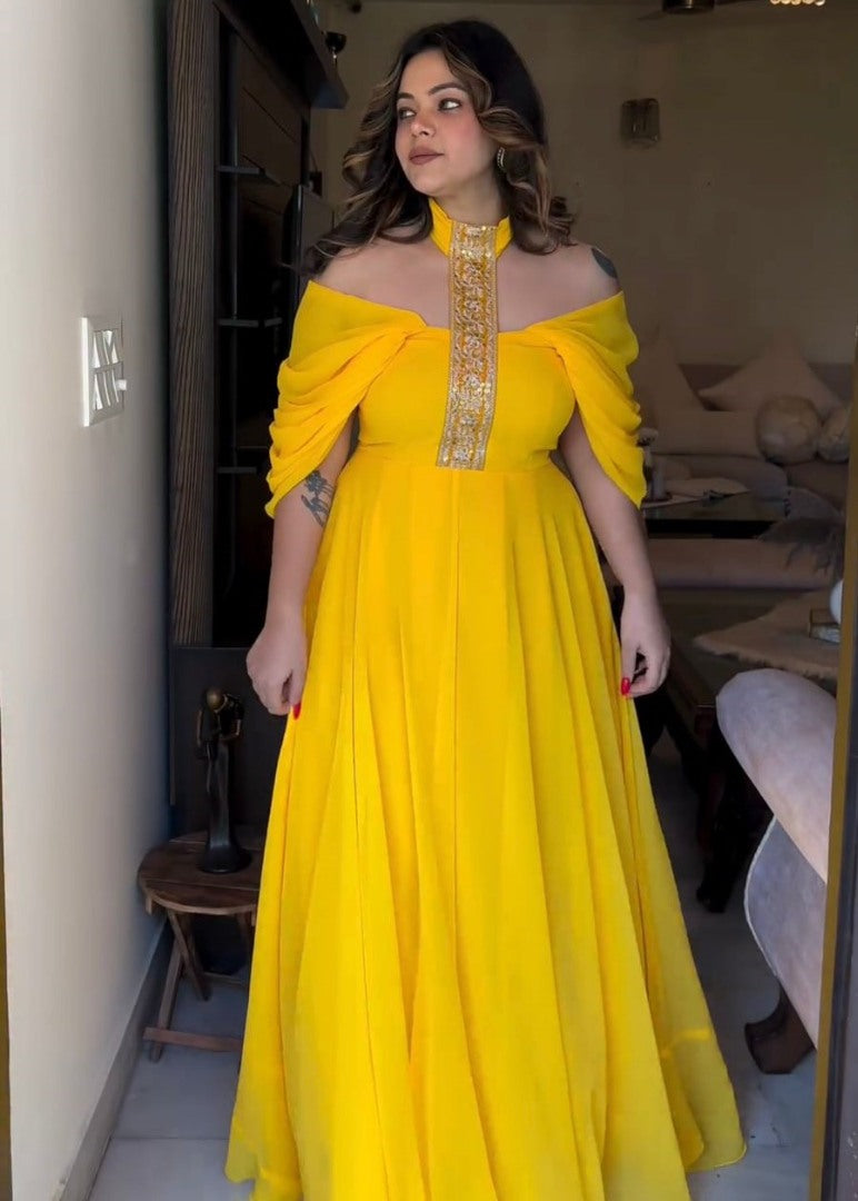 Yellow georgette designer gown for ceremony