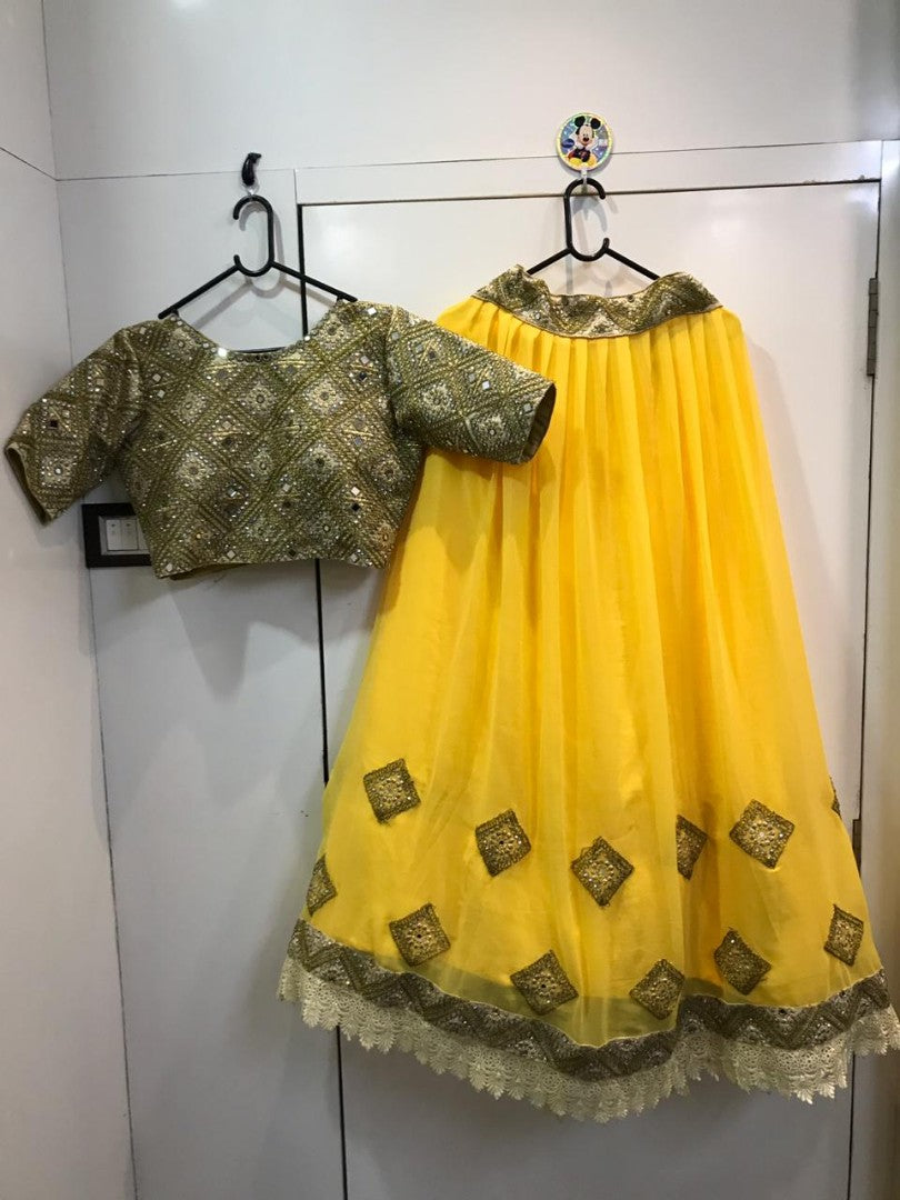 yellow georgette designer mirror work lehenga with heavy blouse