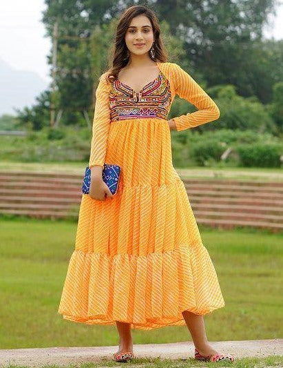 Yellow georgette digital printed ruffle layer mirror work long kurti