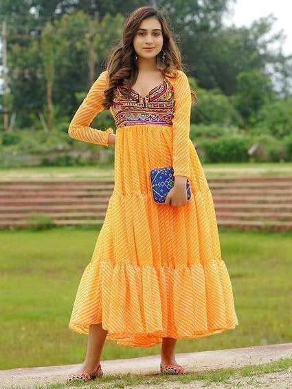 Yellow georgette digital printed ruffle layer mirror work long kurti