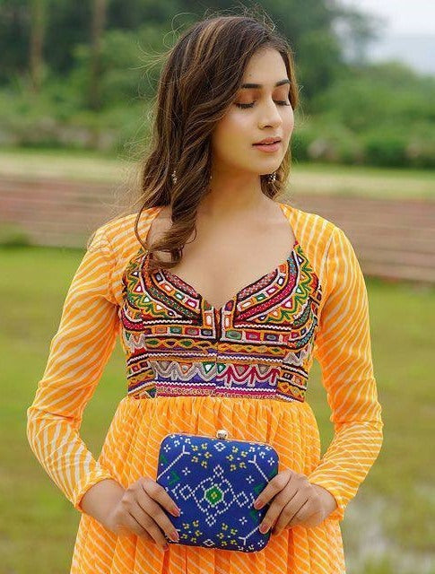 Yellow georgette digital printed ruffle layer mirror work long kurti